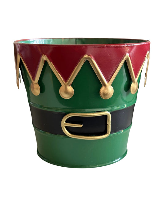 Festive Christmas Elf Tin Pot - 5" Diameter, 4.5" Tall