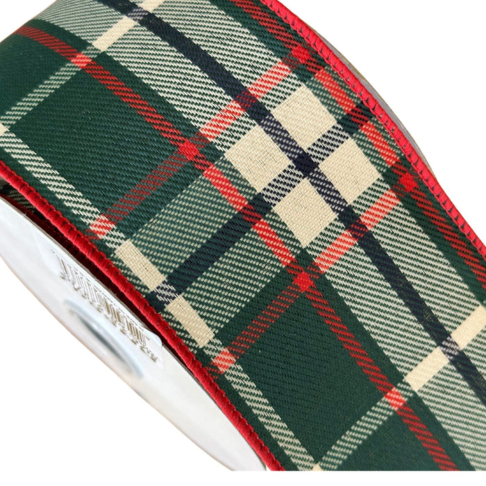 Green Black Red Beige Plaid Wired Christmas Ribbon - 2 1/2" x 10 Yards, Red Wired Edge