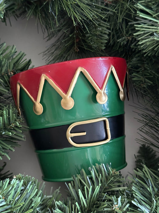 Festive Christmas Elf Tin Pot - 5" Diameter, 4.5" Tall