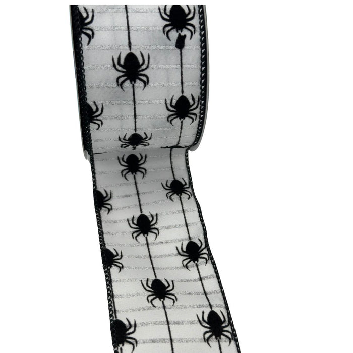 Halloween Spider Stripes Wired Ribbon - 2 1/2" x 10 Yards, White & Black, Spiders, Bows, Wreath, Halloween