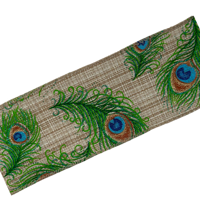 Ivory Peacock Print Wired Ribbon - 2-1/2" x 10 Yards