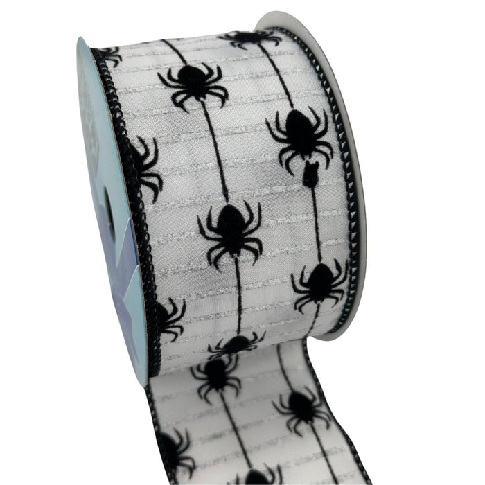 Halloween Spider Stripes Wired Ribbon - 2 1/2" x 10 Yards, White & Black, Spiders, Bows, Wreath, Halloween