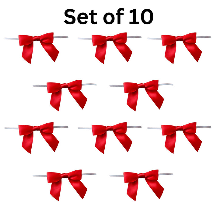 Red Satin Pretied Gift Bows - Set of 10, 3" Wide