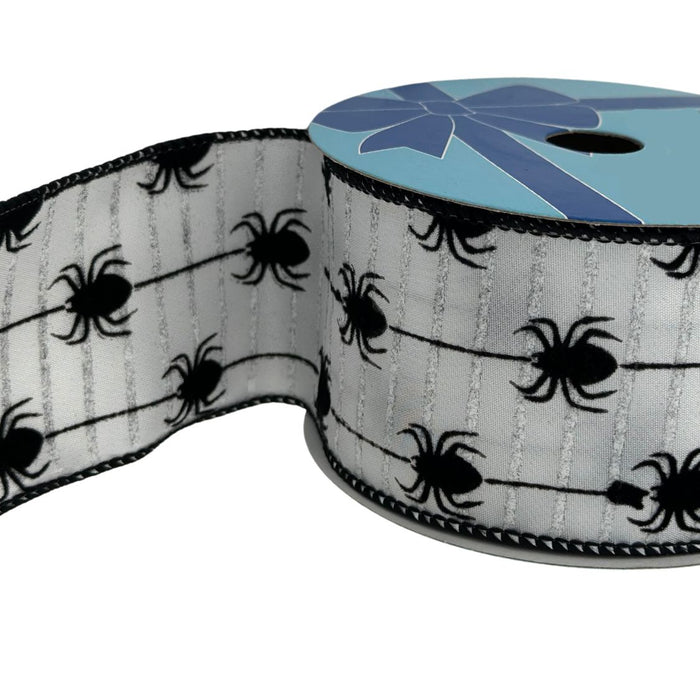 Halloween Spider Stripes Wired Ribbon - 2 1/2" x 10 Yards, White & Black, Spiders, Bows, Wreath, Halloween