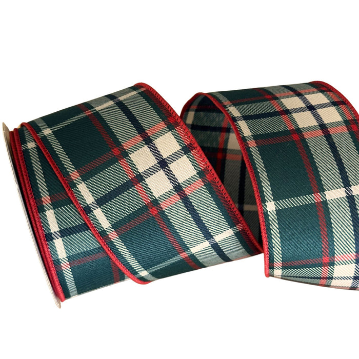 Green Black Red Beige Plaid Wired Christmas Ribbon - 2 1/2" x 10 Yards, Red Wired Edge