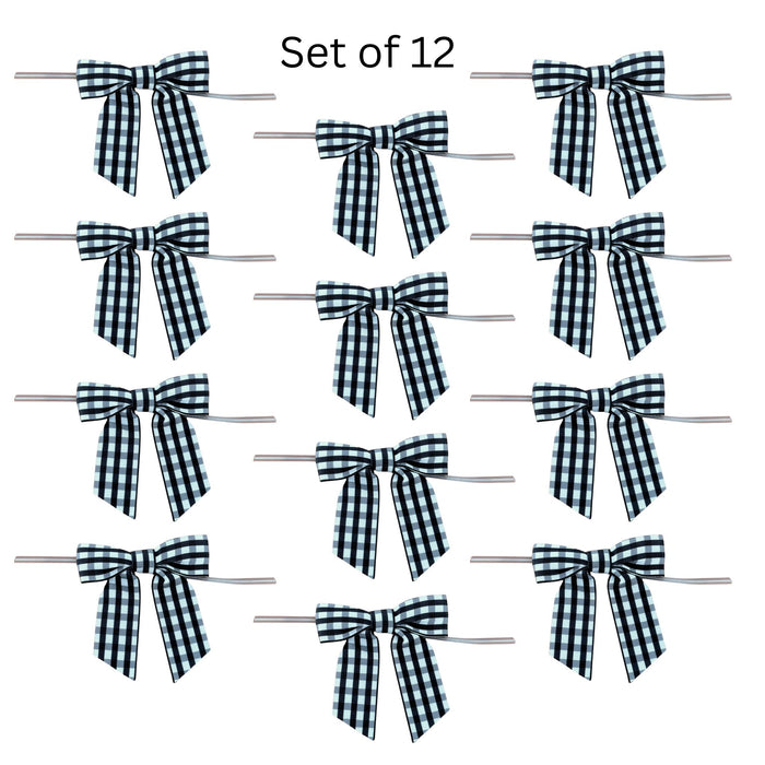 Black & White Gingham Pre-Tied Bows - 3" Wide, Set of 12