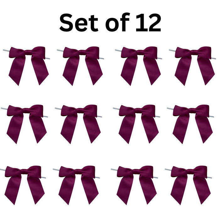 Pre-Tied Burgundy Satin Bows - 4 1/2" Wide, Set of 12