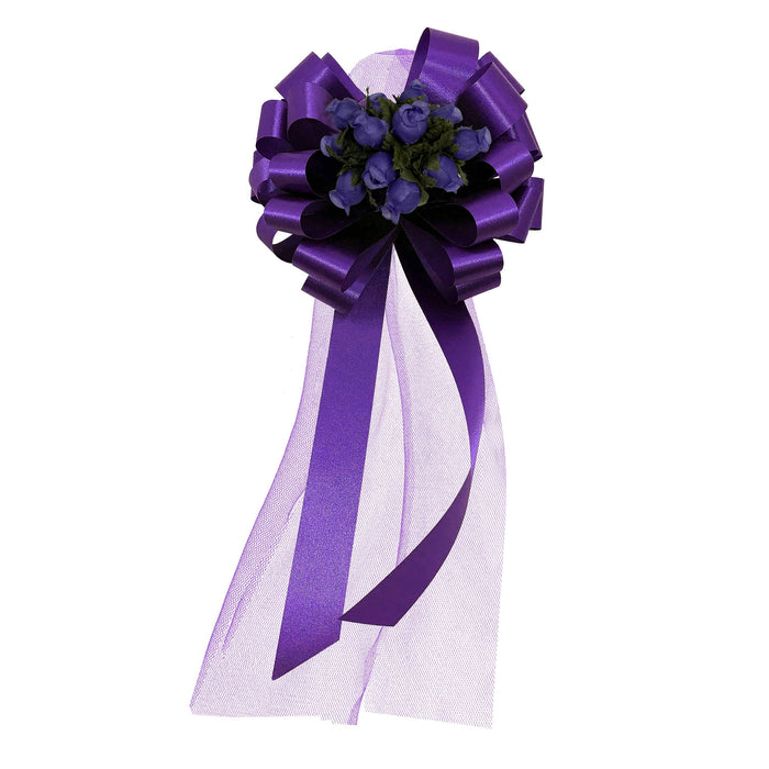 Purple Wedding Pull Bows with Tulle Tails and Rosebuds - Set of 6