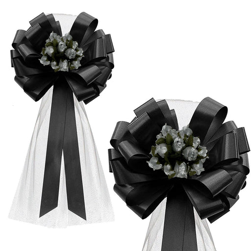 Black Pull Bows with Silver Tulle Tails and Silver Rosebuds - 8" Wide, Set of 6