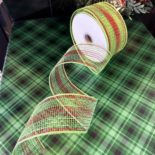 Christmas Wreath Maker Deco Mesh - 2-1/2" X 20 Yards, Red & 2 Metallic Emerald Green Stripes