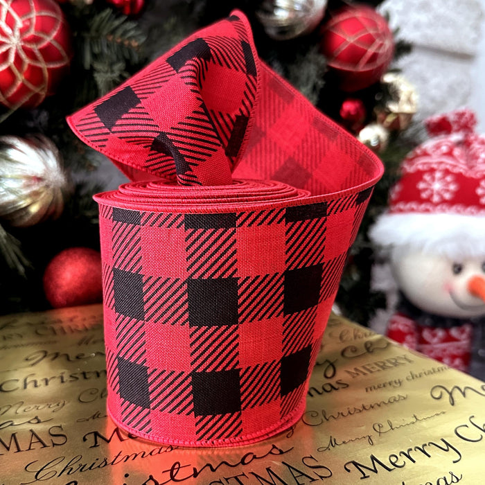 Buffalo Plaid Wired Ribbon Decoration - 4" x 10 Yards, Red & Black