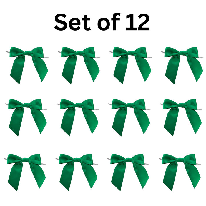 Pre-Tied Emerald Green Satin Bows - 4 1/2" Wide, Set of 12