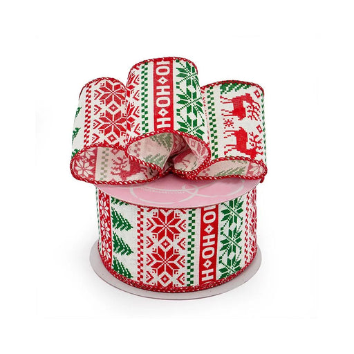 Farmhouse fair isle wired edge Christmas ribbon on a white background.