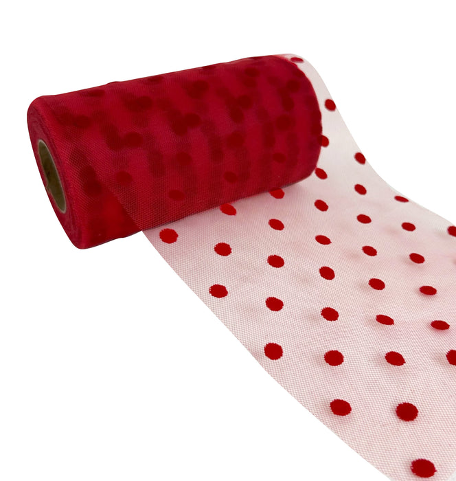 Red Polka Dot Tulle Decor - 6" x 25 Yards, Fabric Netting Ribbon