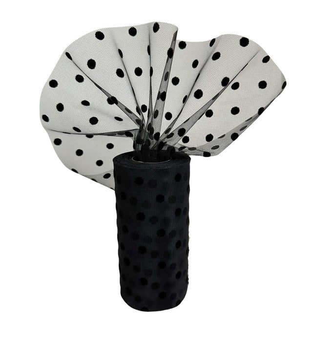 Black Polka Dot Tulle Decor - 6" x 25 Yards, Fabric Netting Ribbon