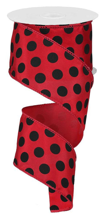 Black Polka Dots Wired Ribbon - 2 1/2" x 10 Yards, Red Satin