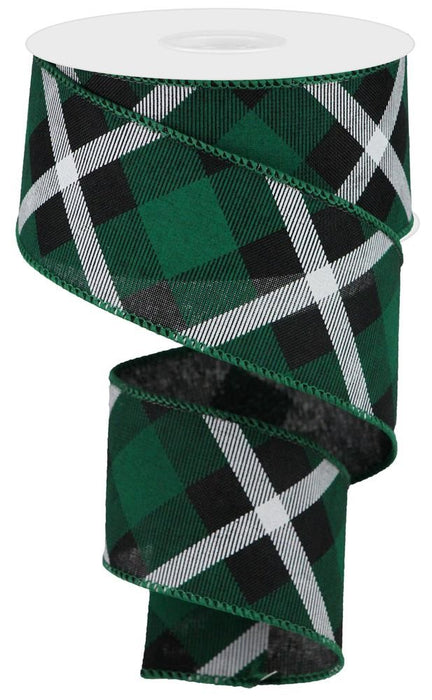 wired-edge-green-black-and-white-diagonal-plaid-wired-edge-christmas-ribbon