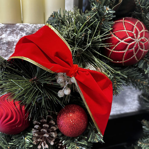 Extra Wide Red Velvet Ribbon decorating Christmas Wreath with ornaments