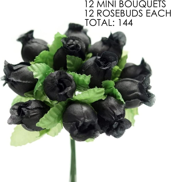 Black Artificial Silk Mini Roses - 12 Dozens, 144 Rosebuds Total