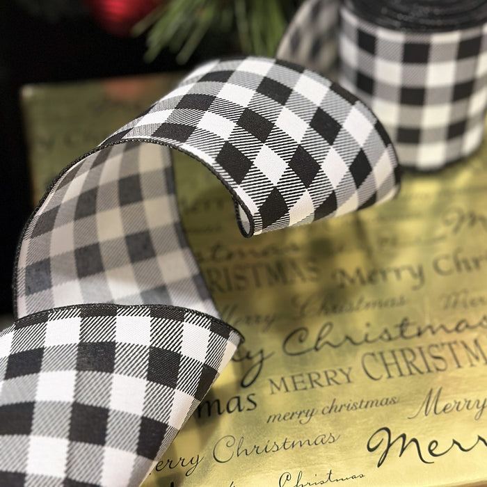 Buffalo Plaid Wired Edge Ribbon - 4" x 10 Yards, White & Black Checks