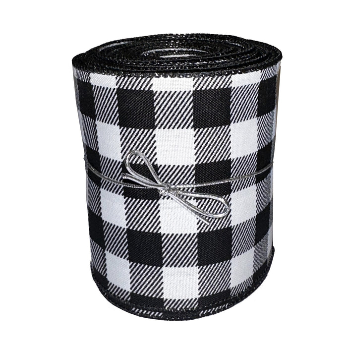 Buffalo Plaid Wired Edge Ribbon - 4" x 10 Yards, White & Black Checks