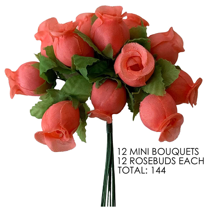 Coral Artificial Silk Mini Roses - 12 Dozens, 144 Rosebuds Total