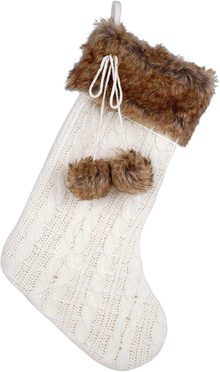 Modern White Knit Christmas Stocking - 20" H, 8" W, Brown Faux Fur Boot Cuff and Pompoms