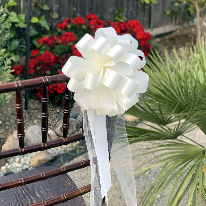 6 Ivory 8" Wedding Pull Bows with Tulle Tails - Church Aisle Decorations, Pew Markers, Reception