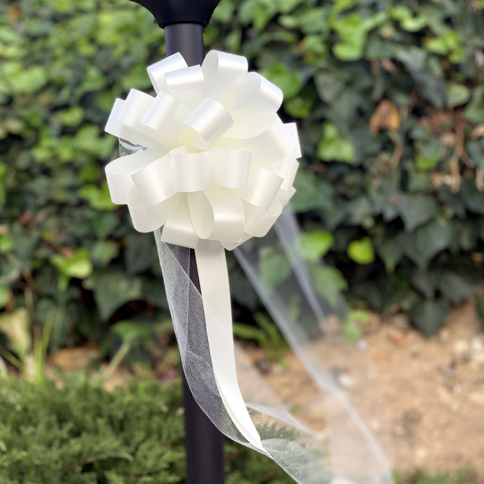 6 Ivory 8" Wedding Pull Bows with Tulle Tails - Church Aisle Decorations, Pew Markers, Reception