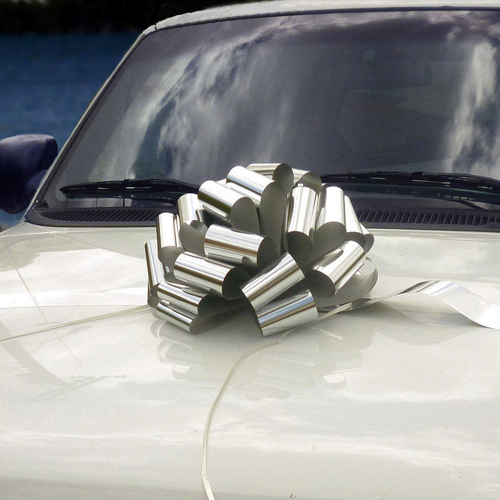 metallic silver car bow