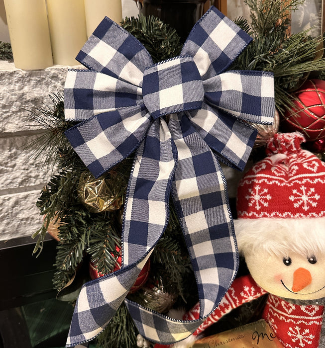 Navy Blue Plaid Wreath Bow - 10" Wide, 18" Long Pre-Tied Bow