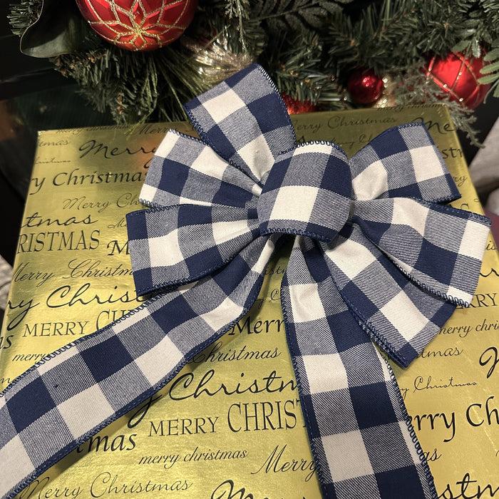 Navy Blue Plaid Wreath Bow - 10" Wide, 18" Long Pre-Tied Bow