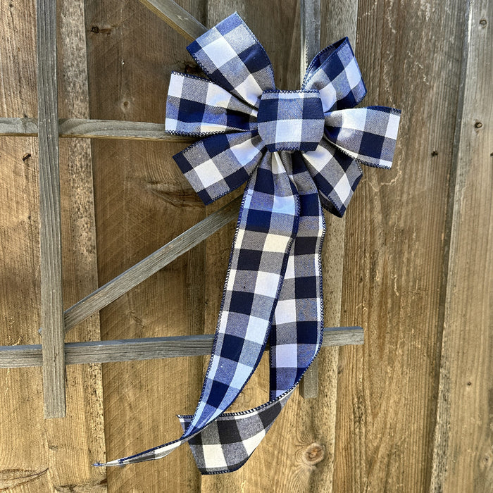 Navy Blue Plaid Wreath Bow - 10" Wide, 18" Long Pre-Tied Bow