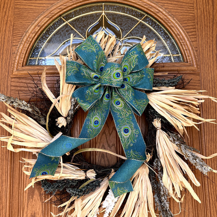 Peacock  Gold Green Teal Christmas Bow 