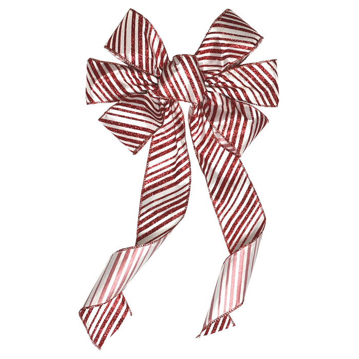 Large Red Glitter White Stripe Holiday Gift Bow