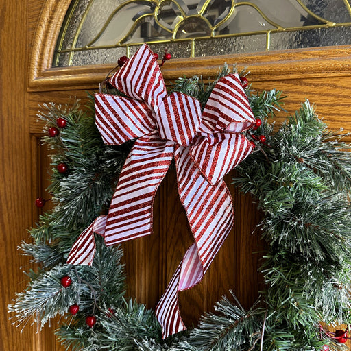 Red White Glitter Stripe Christmas Wreath Bow