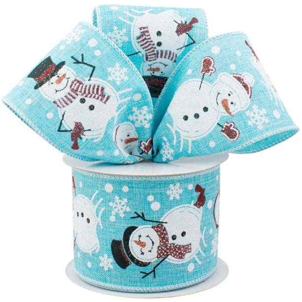 light-blue-wired-edge-Christmas-Wreath-ribbon-decorated-with-snowmen