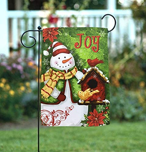 Snowman guarding a bird house garden flag