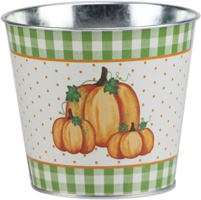 Rustic Fall Pumpkins Tin Pot - 5" Diameter, 4.5" Tall, Orange, Cream and Green Plaid