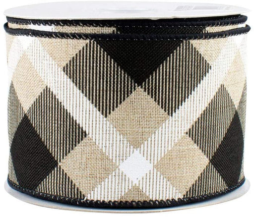 tan-black-white-plaid-wired-edge-ribbon