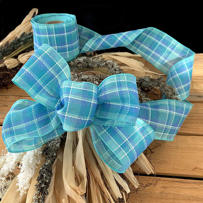 Blue Spring Plaid Wired Ribbon - 2 1/2 Inch x 10 Yards