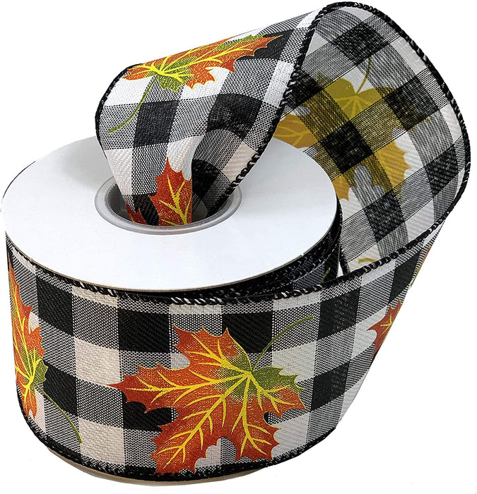 white-black-buffalo-plaid-fall-leaves-ribbon