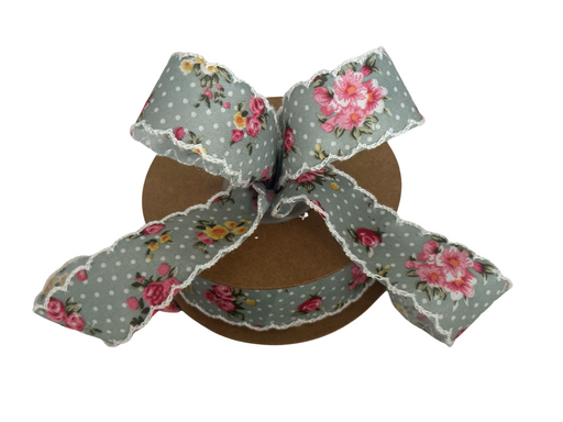 Vintage Floral Shabby Chic Ribbon - 1" x 10 Yards, Vintage Blue Gray Ribbon with Pink Roses