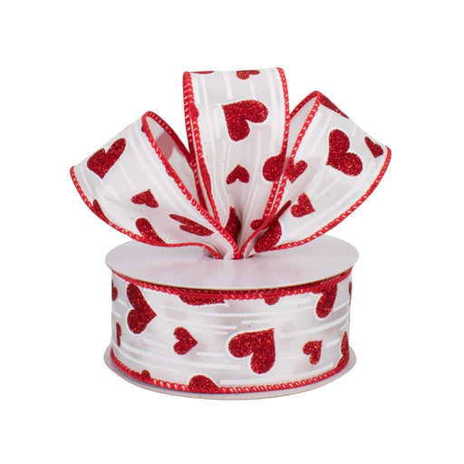 Red Hearts White Satin Ribbon - 1 1/2" x 10 Yards