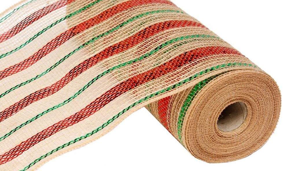 Burlap Striped Christmas Deco Mesh - 10" x 10 Yards, Natural, Jute, Red, Emerald Green