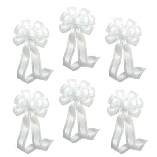 Organza Edge White Wedding Pew Bows - 10" Wide, 18" Long Tails, Set of 6