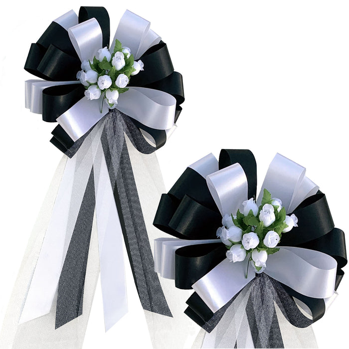 white-and-black-wedding-pew-bows