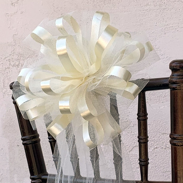 Large Assembled Ivory Tulle Wedding Bows for Church Pews - 9" Wide, Set of 6