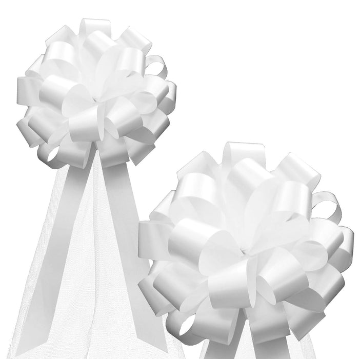 Wedding Pull Bows with Tulle Tails - 8" Wide, Set of 6